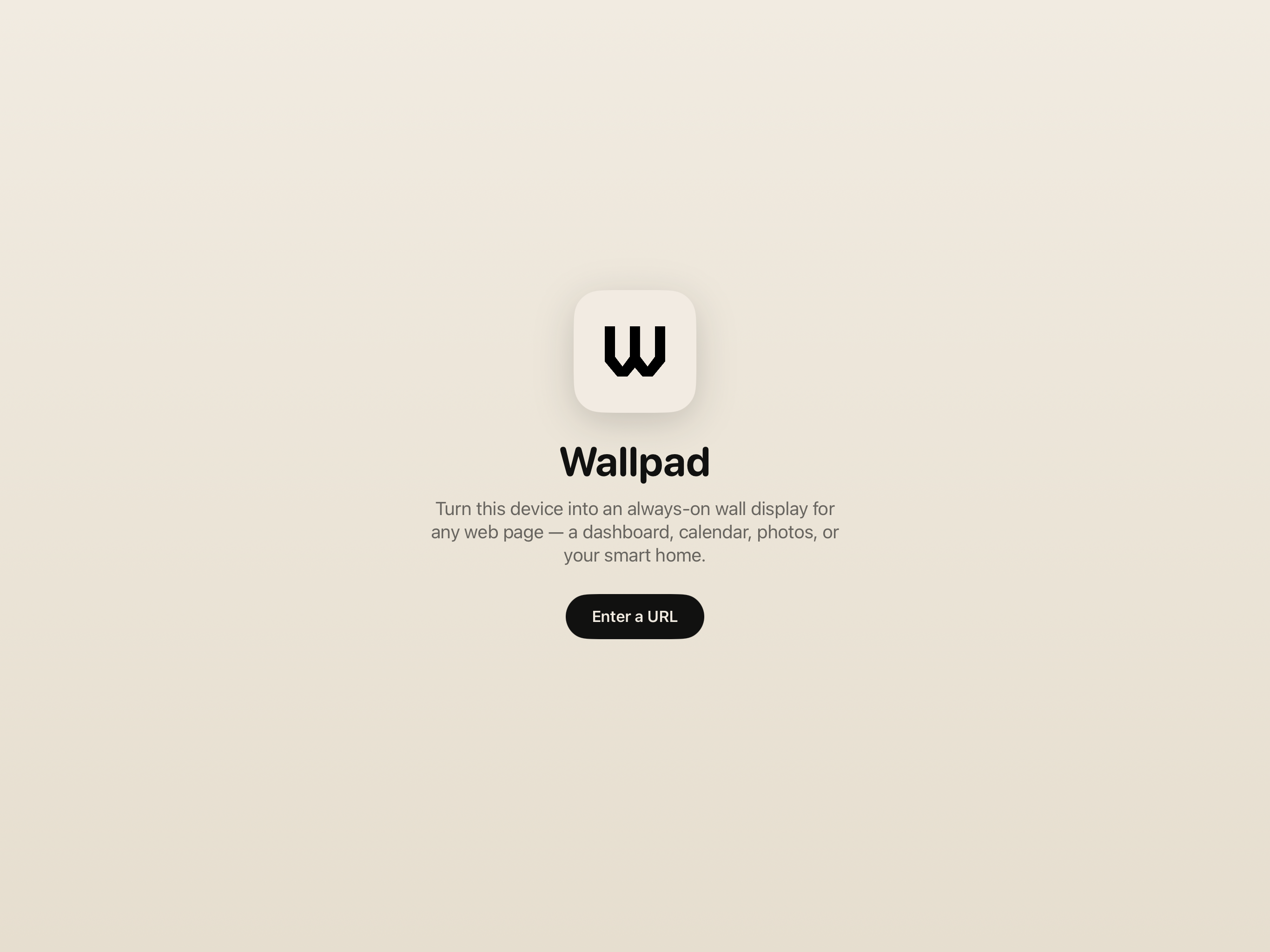 Wallpad's welcome screen: the app icon, the Wallpad wordmark, and an Enter a URL button on a soft cream background.
